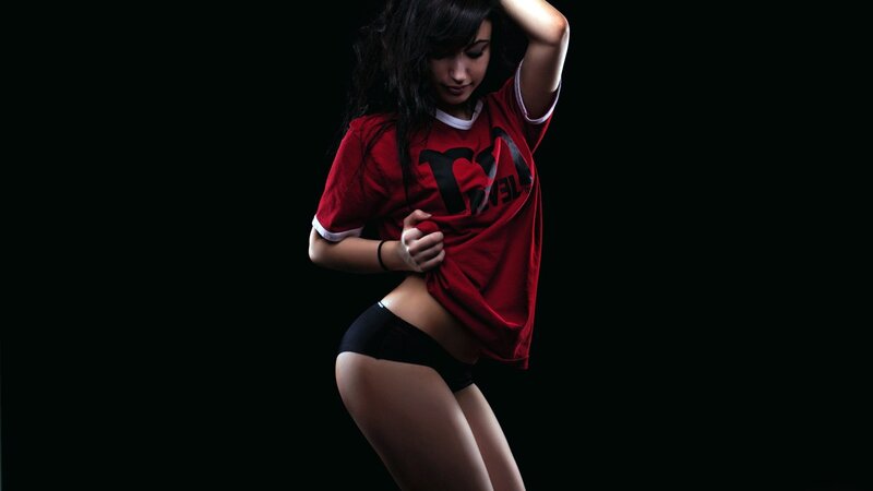 woman in red t-shirt
