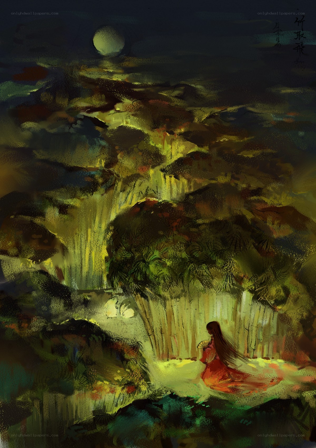 Woman in red under moonlight
