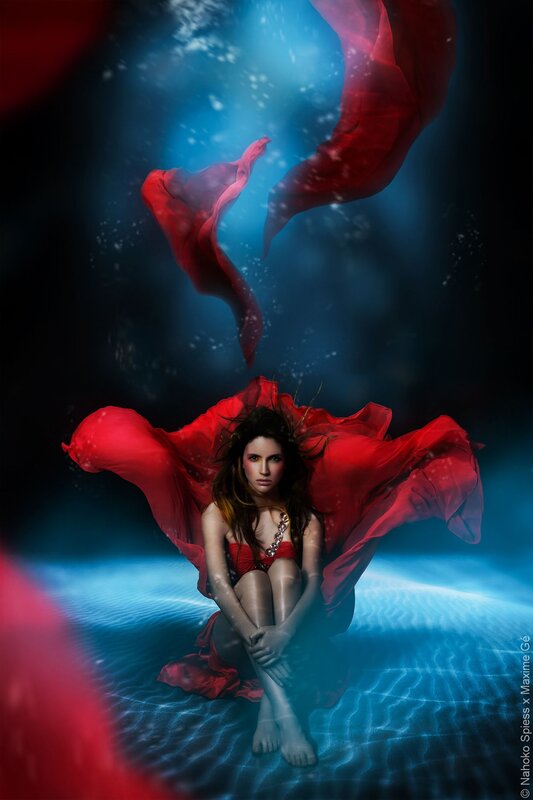woman in red underwater