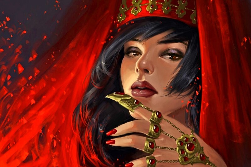 Woman in Red Veil — Dramatic, Digital Art, Crown