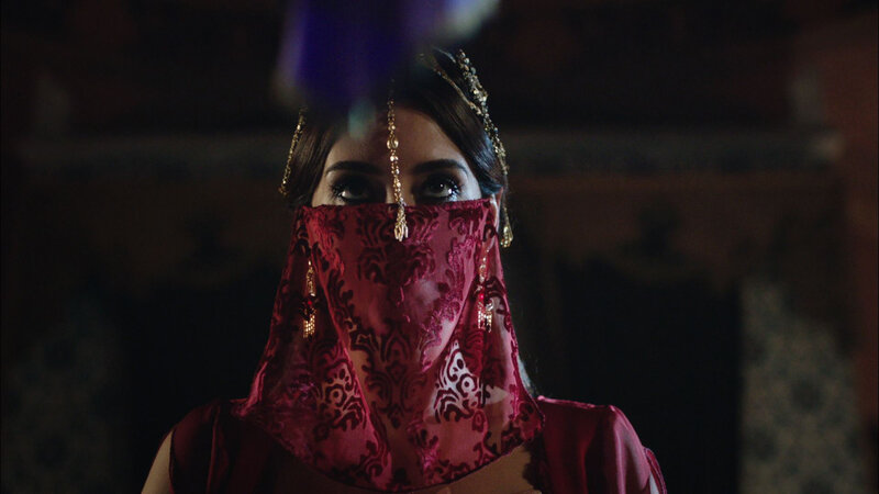 Woman in Red Veil — Dramatic, Night, Photograph