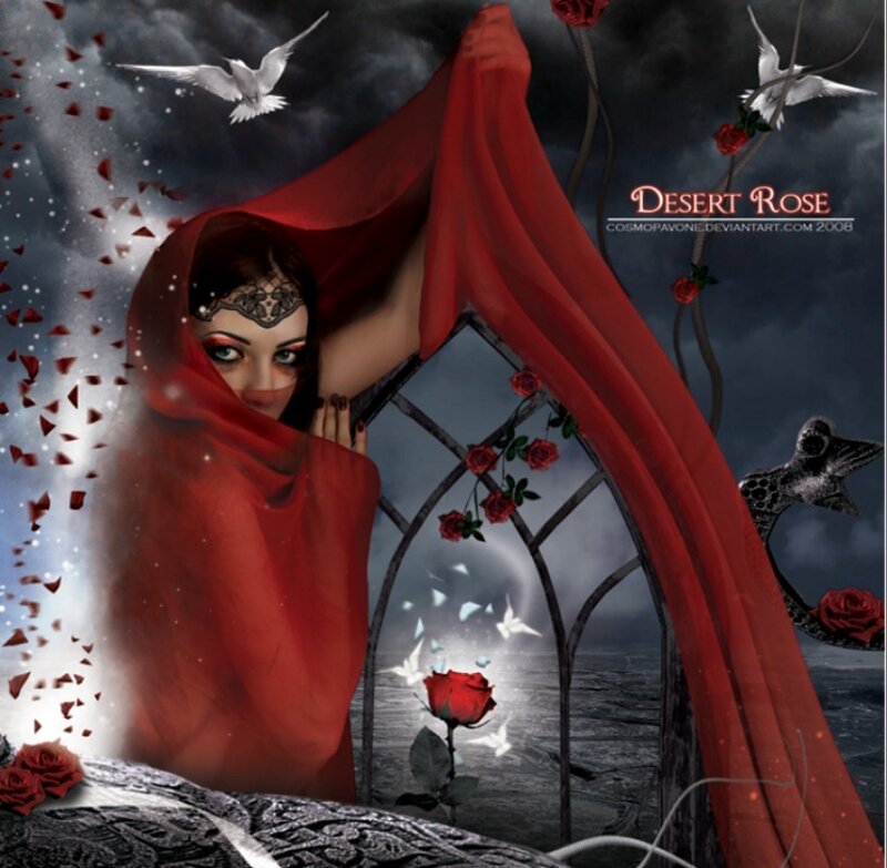 Woman in Red Veil — Dramatic, Night