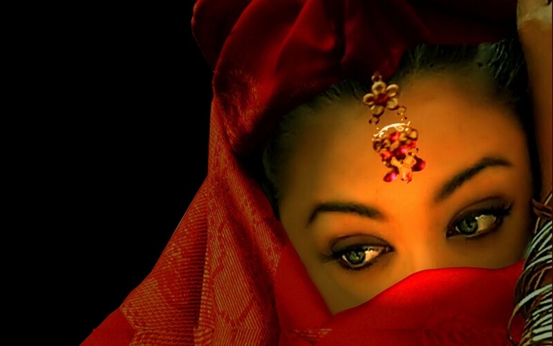 Woman in Red Veil — Dramatic, Photograph