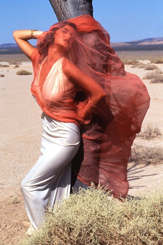 Woman in red veil in desert
