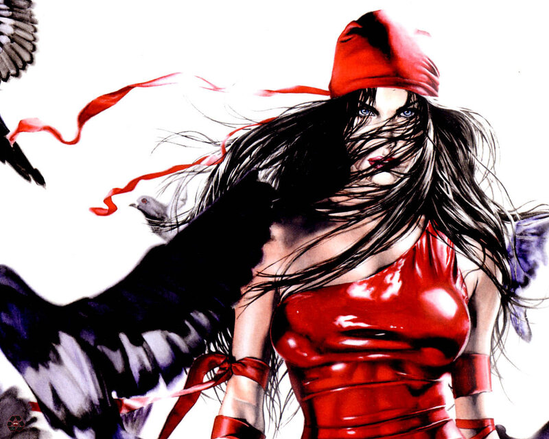 Woman in red with birds