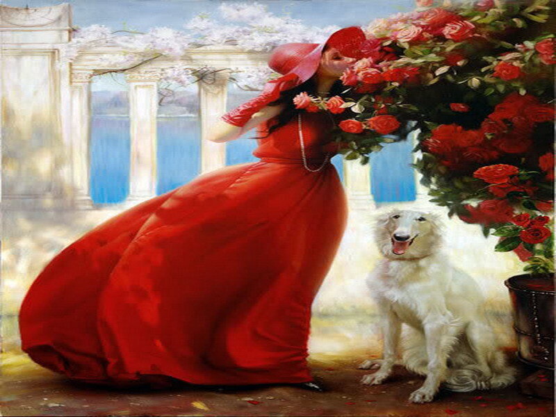 woman in red with dog
