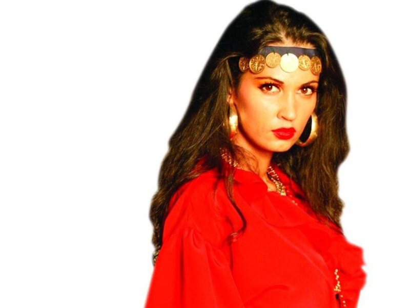 woman in red with headband