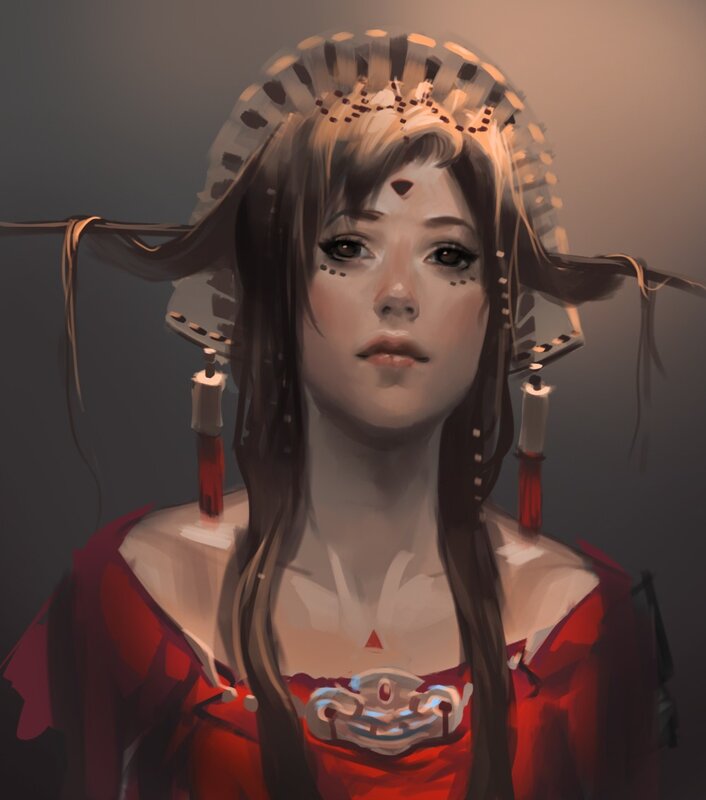 woman in red with headdress
