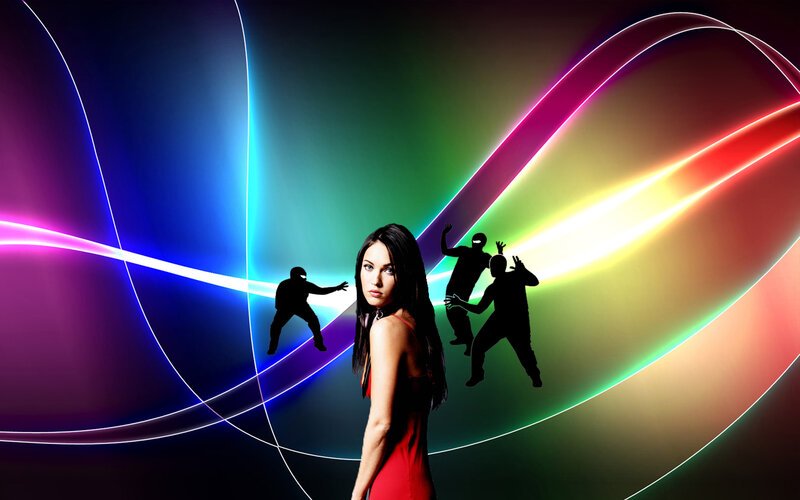 woman in red with neon lights