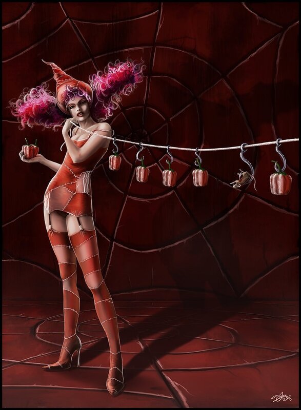 woman in red with peppers