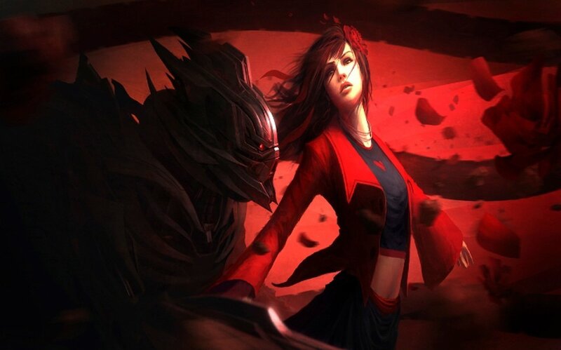 Woman in red with robotic creature
