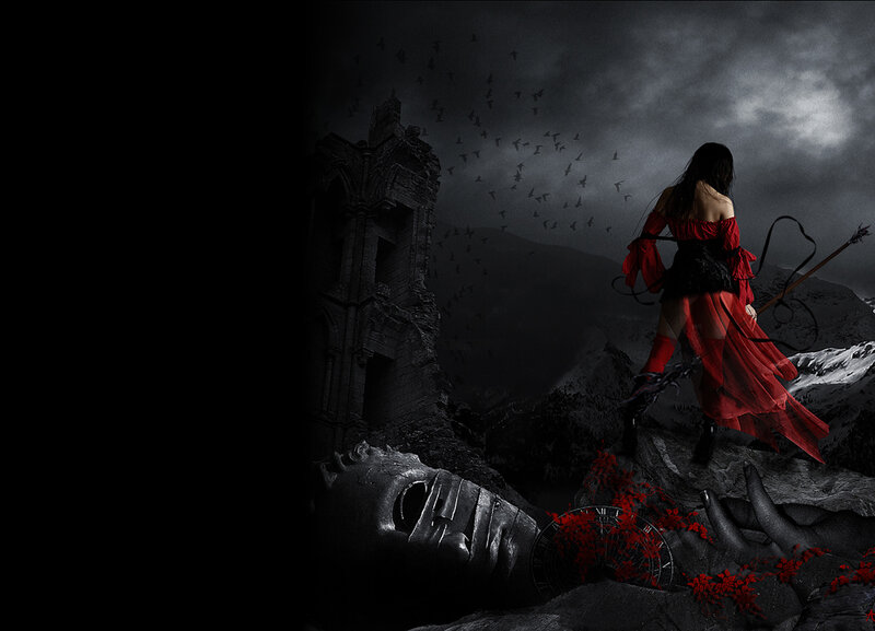 Woman in red with spear on ruins