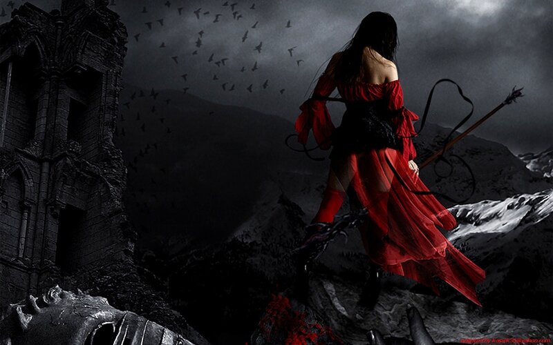 woman in red with spear