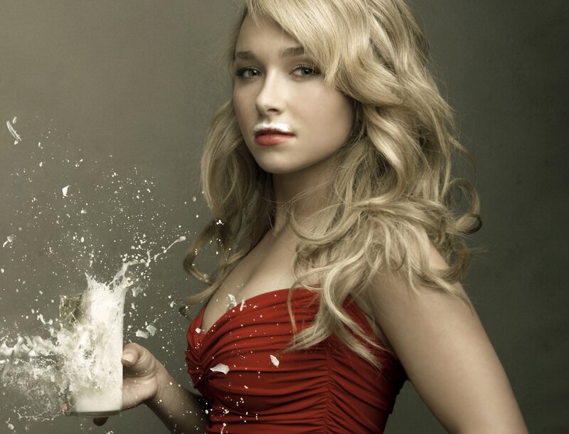 woman in red with splashing drink