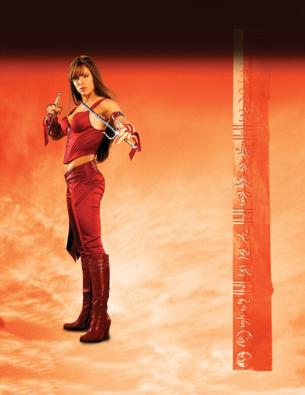 Woman in red with swords
