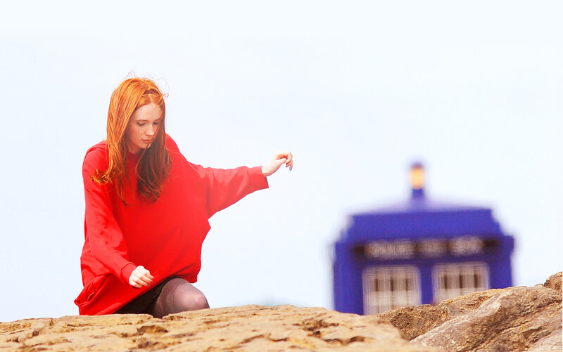 Woman in red with TARDIS