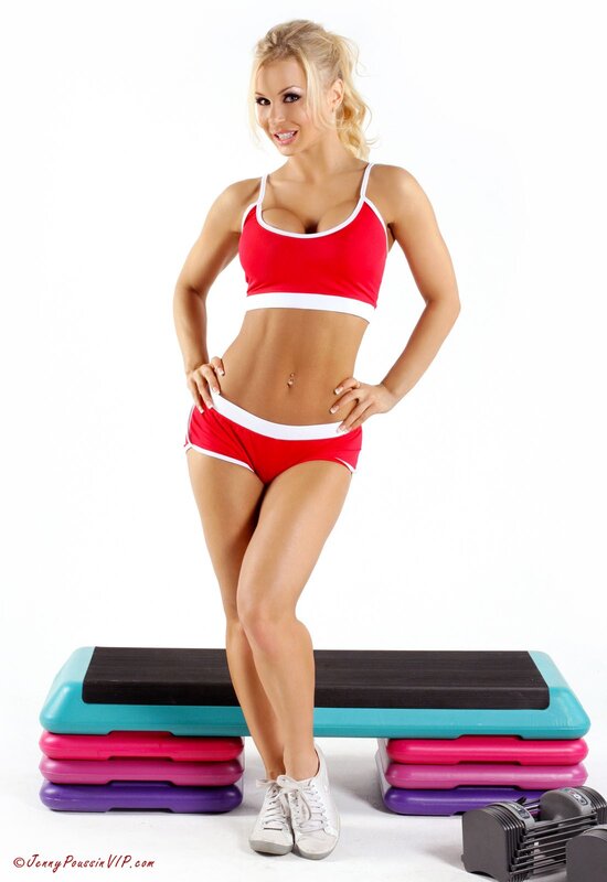 woman in red workout outfit