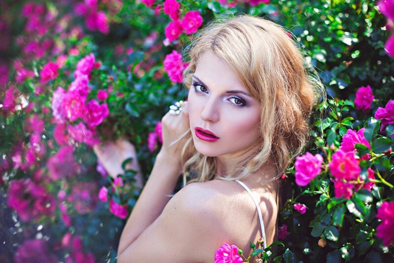 Woman in Rose Garden — Pink, Serene, Afternoon