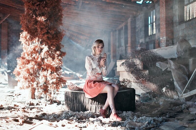 Woman in Ruined Building — White