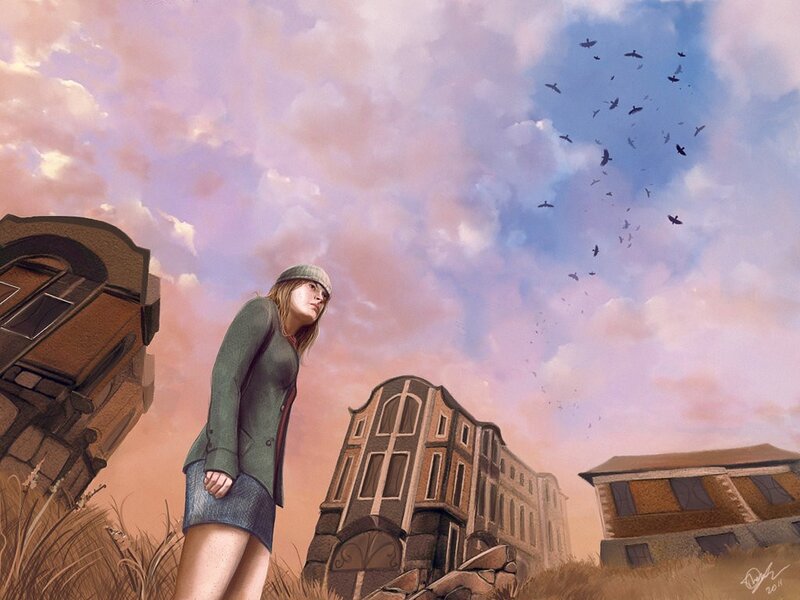 woman in ruined city