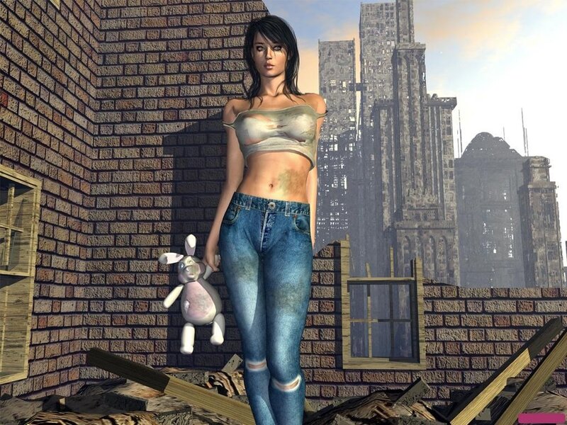 woman in ruined city