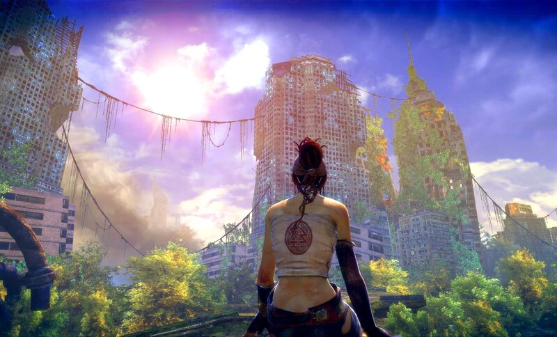 Woman in Ruined City — Purple, Dramatic