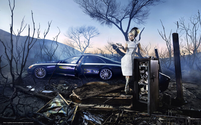 woman in ruined landscape with car