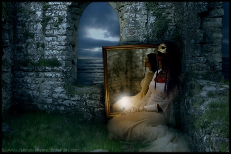 Woman in ruins with mirror