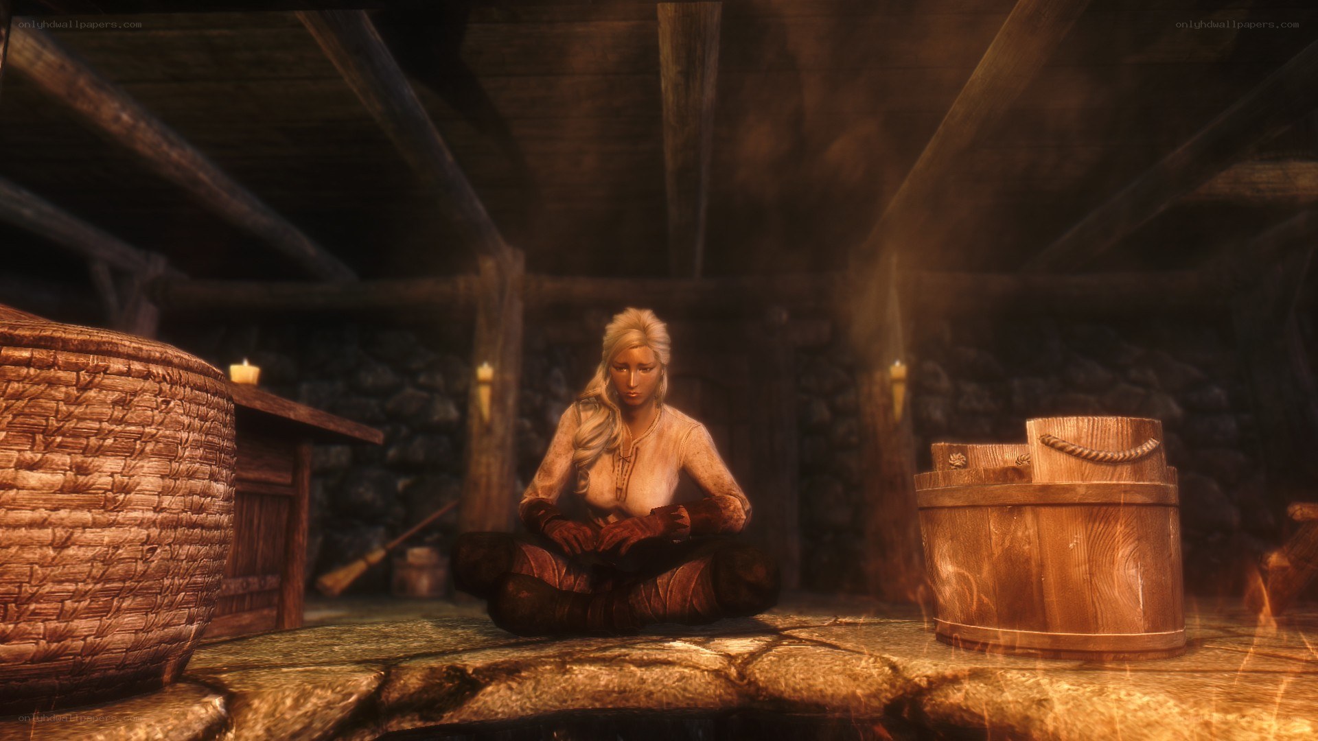 woman in rustic room
