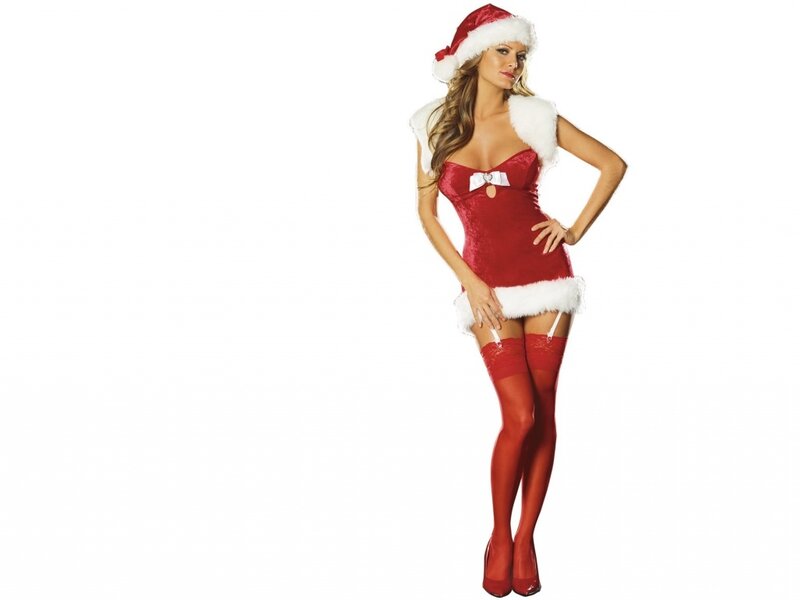 Woman in Santa Costume — Red, Festive, Photograph, Santa Hat, Red Dress, Stockings