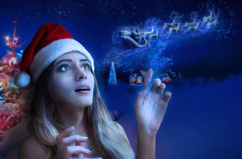 Woman in Santa Hat — Blue, Magical