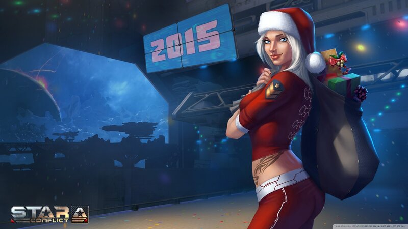 Woman in Santa Hat — Red, Festive, Night, Digital Art