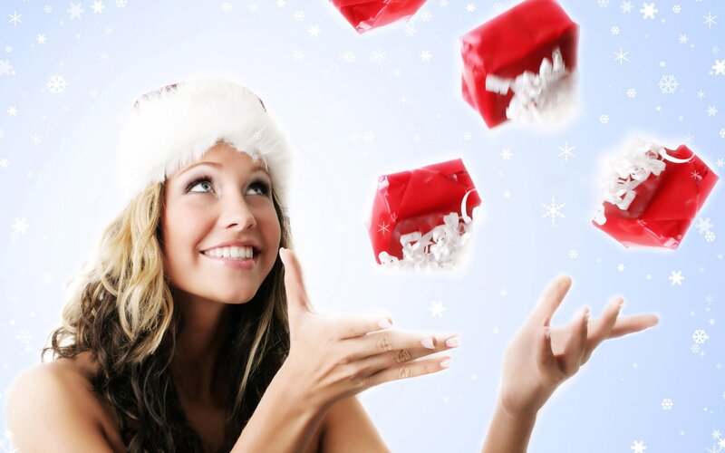 Woman in Santa Hat — Red, Festive, Winter, Photograph, Gifts, Snowflakes, Hands, White