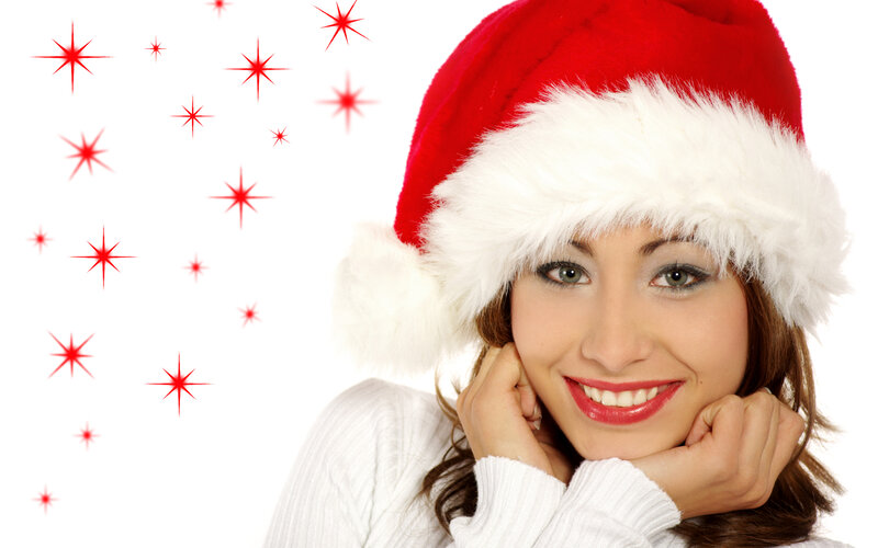 Woman in Santa Hat — Red, Festive, Winter, Photograph, Santa Hat, Stars