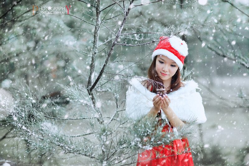 Woman in Santa Hat — Red, Serene, Winter, Photograph