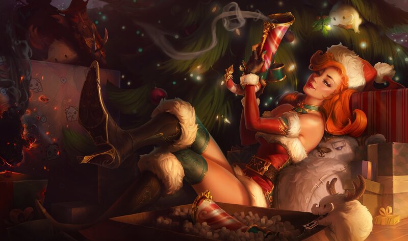 Woman in Santa Outfit — Red, Festive, Winter, Digital Art, Christmas Tree, Gifts, Snowman