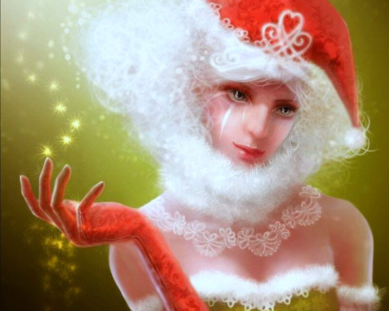 Woman in Santa Outfit — Red, Festive, Winter, Digital Art, Santa Hat, Beard