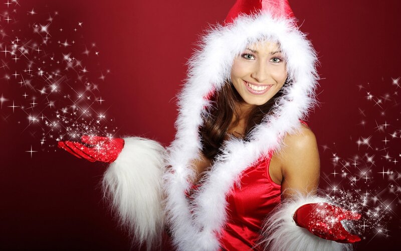 Woman in Santa Outfit — Red, Festive, Winter, Photograph, Santa Hat, Gloves, Sparkles