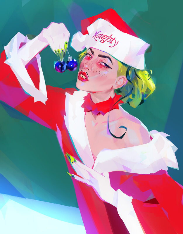 Woman in Santa Outfit — Red, Playful, Digital Art