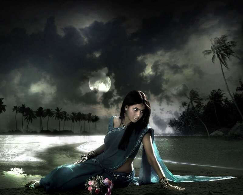 Woman in Sari on Beach — Blue, Dramatic