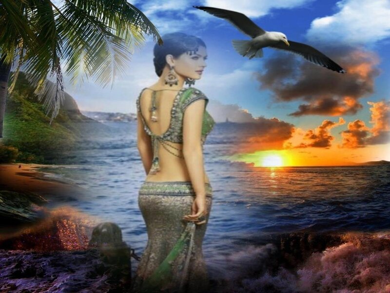 Woman in Sari on Beach — Blue
