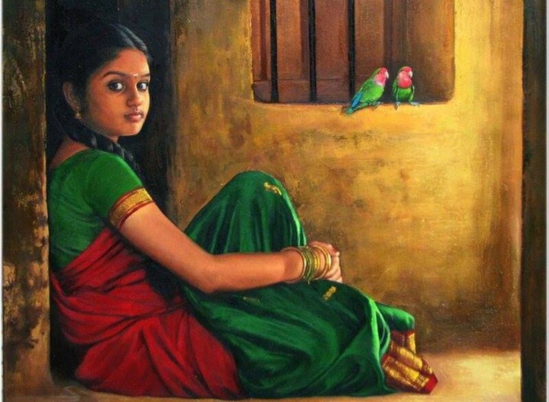 Woman in Sari Sitting — Green