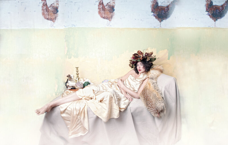 Woman in Satin Dress — Beige, Dramatic, Photograph