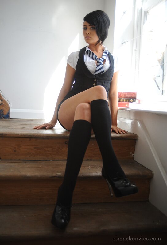 Woman in School Uniform — Black, Dramatic, Afternoon, Photograph, Stairs, Window, Books