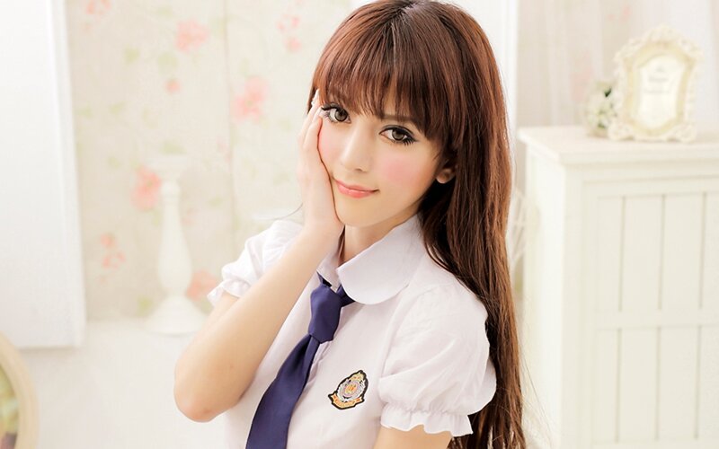Woman in School Uniform — White, Calm, Photograph, Tie, Wallpaper