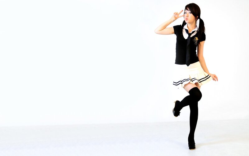 Woman in School Uniform — White, Playful, Photograph, Skirt, Tie, Knee-high Socks