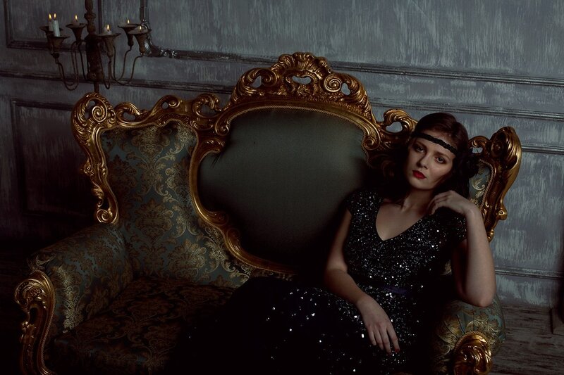 Woman in Sequin Dress — Black, Dramatic, Night, Photograph, Candlestick