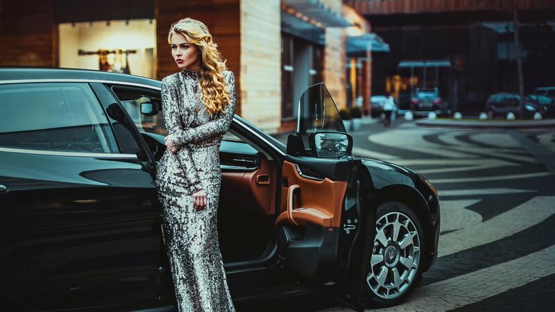 Woman in Sequin Dress — Black, Dramatic, Night, Photograph, Car, Building
