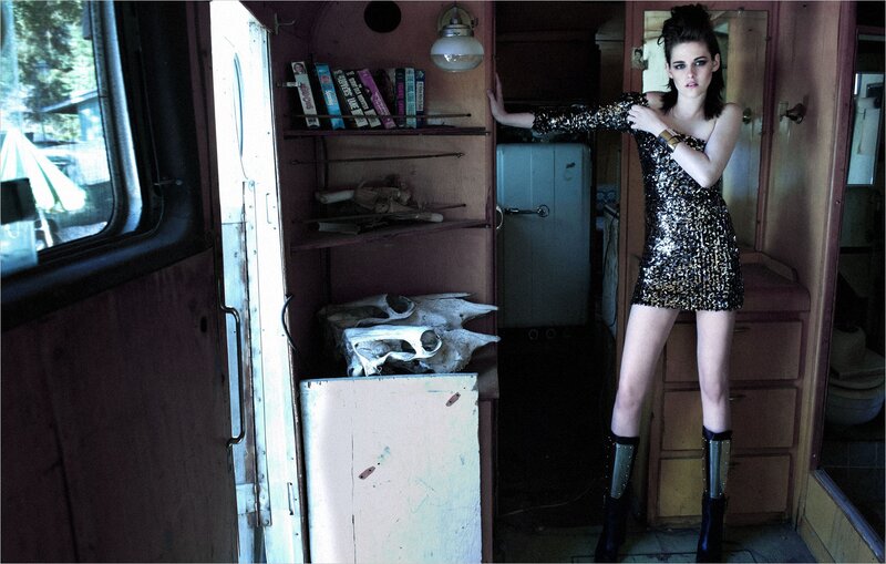 woman in sequin dress inside trailer