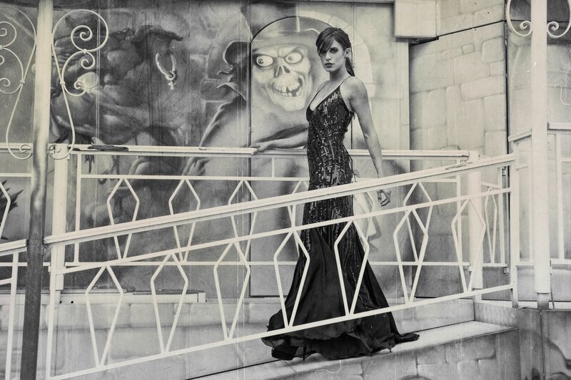 Woman in Sequined Dress — Black, Dramatic, Photograph, Skull Mural